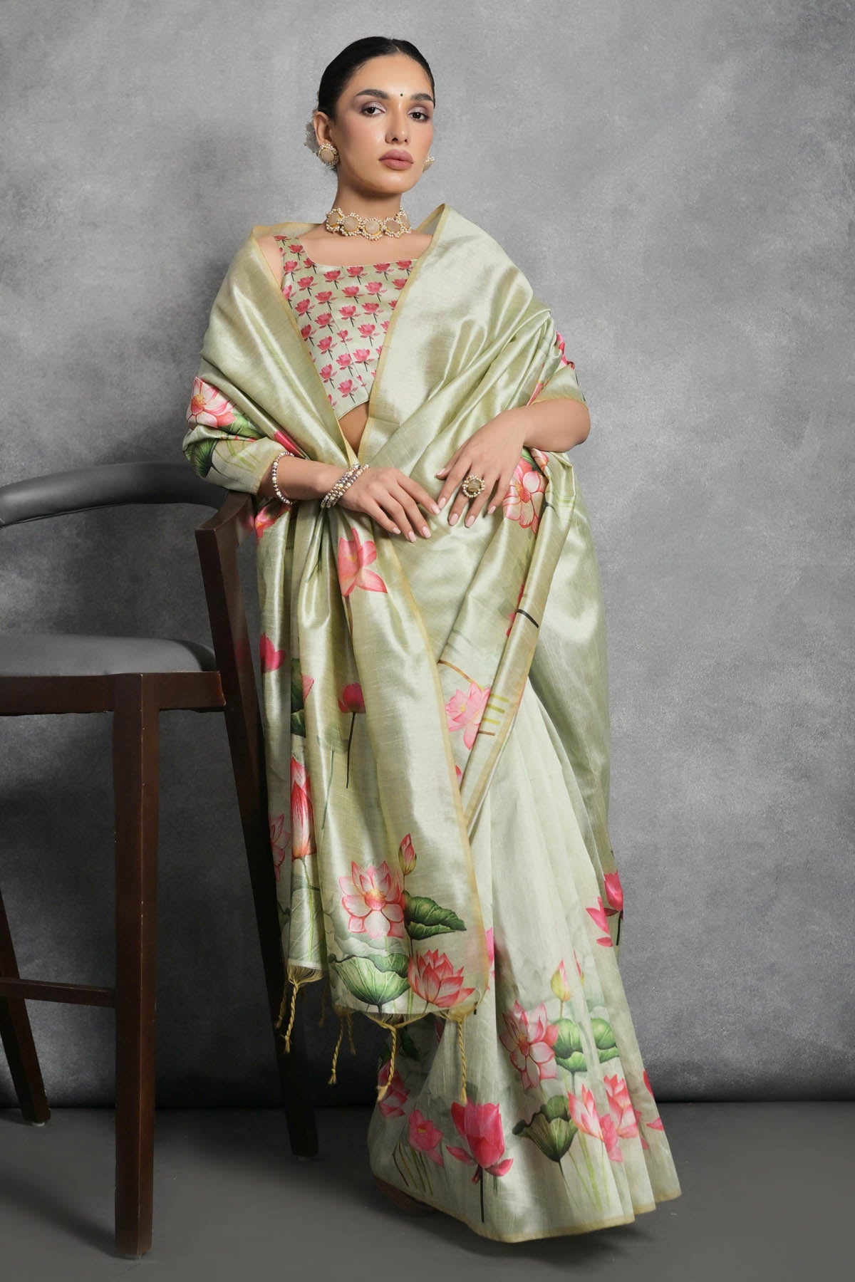 Buy Designer Pista Lotus Print Silk Saree Online